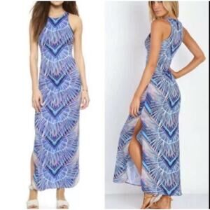 Mara Hoffman Swim Rising Palm blue print maxi column body con dress medium